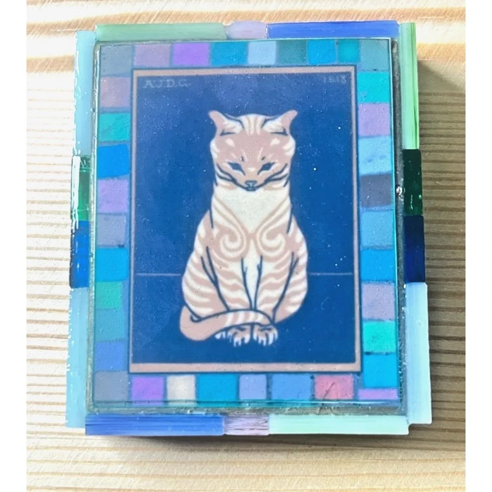Vintage Cat Magnet Stained Glass Mosaic Border Cat Print on Wood Cat Lover Gift
